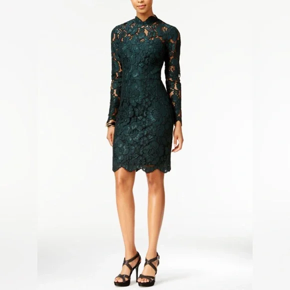 Betsey Johnson | Dresses | Betsey Johnson Dark Green Illusion Lace Long  Sleeve Dress | Poshmark